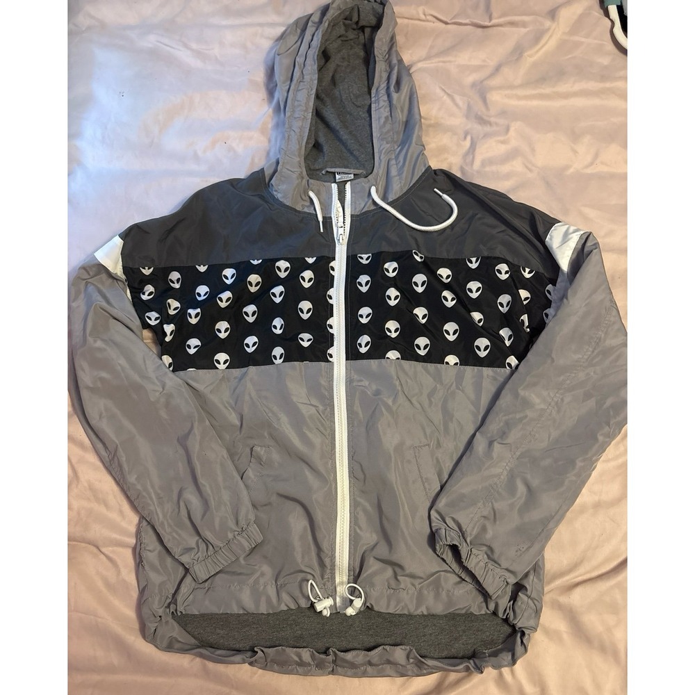 A. Lab Streetwear Grey & Black Alien Full Zip Hooded Windbreaker Jacket, Medium‎